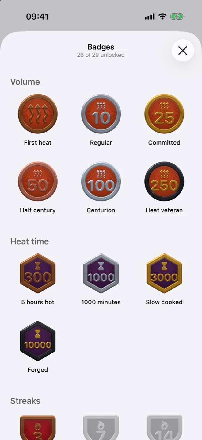 The badge board: 26 of 29 medals unlocked