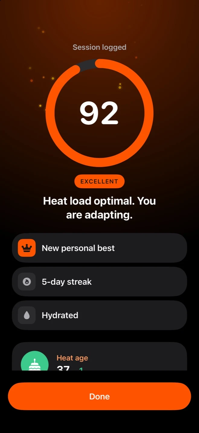 The reward screen: a score of 92, excellent, a personal best and the heat age
